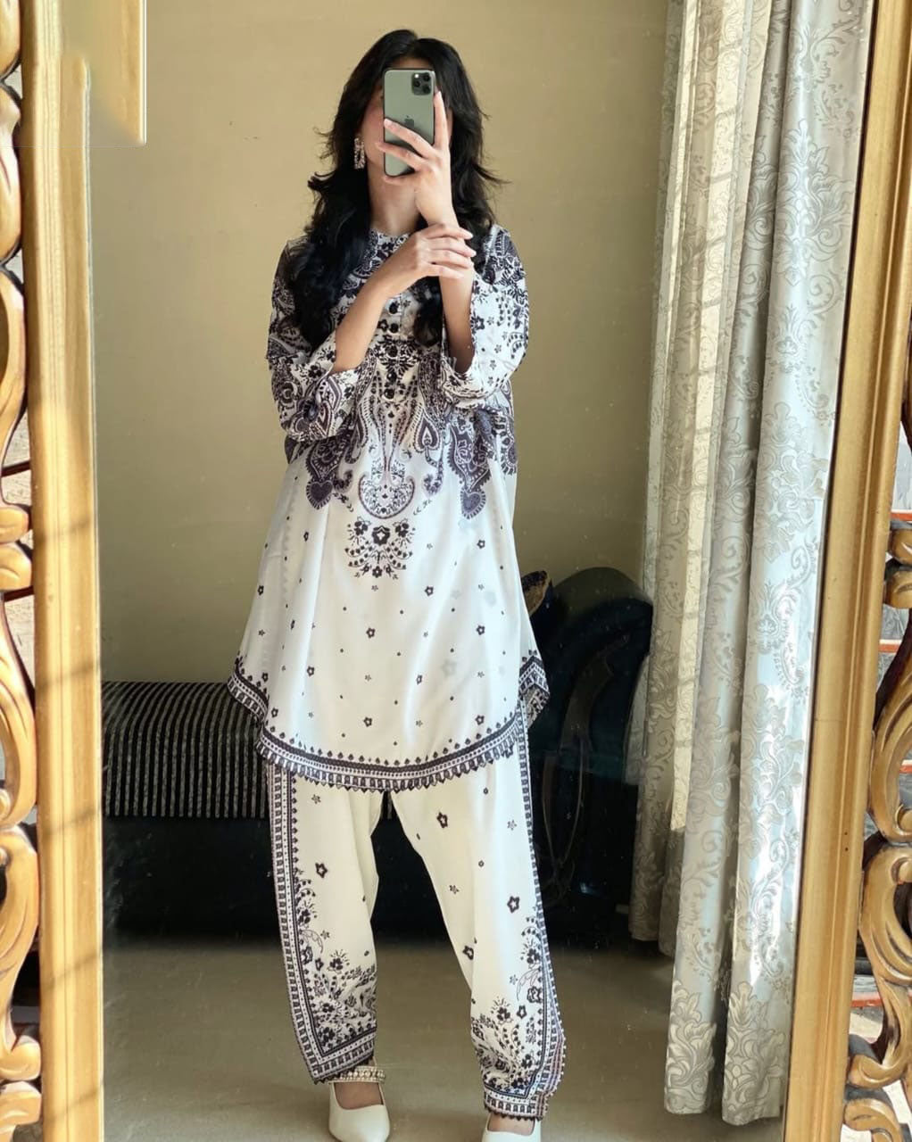 Front And Back Digital  Printed Frock With Printed Flapper 2Pcs